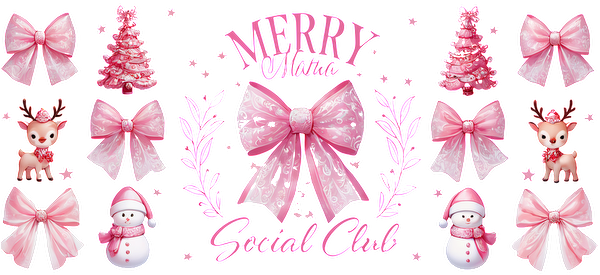 A cheerful pink-themed graphic featuring festive bows, snowmen, Christmas trees, and adorable reindeer, perfect for holiday celebrations.UV Transfers heat press transfers