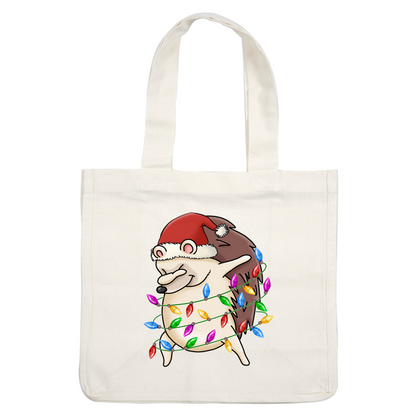 A cheerful cartoon hedgehog wearing a Santa hat, playfully wrapped in colorful Christmas lights. heat press transfers