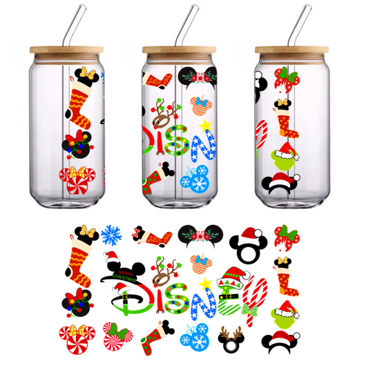 Celebrate the festive spirit with a vibrant collection of Disney-themed Christmas icons, featuring stockings, hats, and cheerful motifs!UV Transfers dtf prints