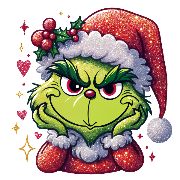 A whimsical, glittery illustration of the Grinch in a festive Santa hat, exuding a mischievous charm with holiday accents.DTF Transfers heat press transfers