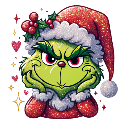 A whimsical, glittery illustration of the Grinch in a festive Santa hat, exuding a mischievous charm with holiday accents.DTF Transfers heat press transfers