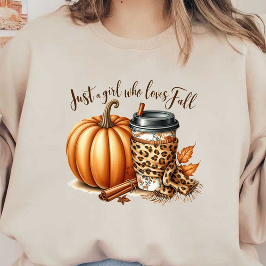 A cozy autumn scene featuring a pumpkin, a coffee cup with floral design, and a stylish leopard print scarf. dtf prints