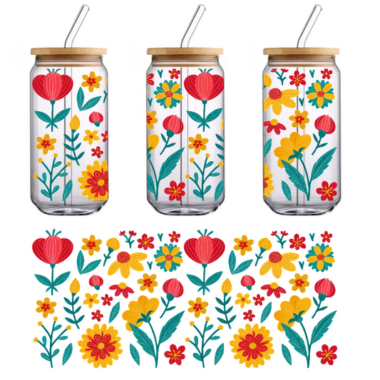 A vibrant floral pattern featuring a variety of red, yellow, and blue flowers with lush green leaves, perfect for design projects.UV Transfers dtf prints