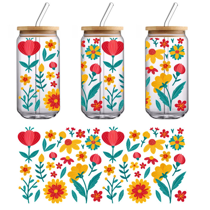 A vibrant floral pattern featuring red, yellow, and blue flowers surrounded by lush green leaves, perfect for cheerful designs.UV Transfers dtf transfers