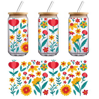 A vibrant floral pattern featuring red, yellow, and blue flowers surrounded by lush green leaves, perfect for cheerful designs.UV Transfers dtf transfers