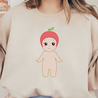 A cute, cartoonish baby character wearing a bright red apple hat, featuring large expressive eyes and a happy smile.DTF Transfersdtf regular iron