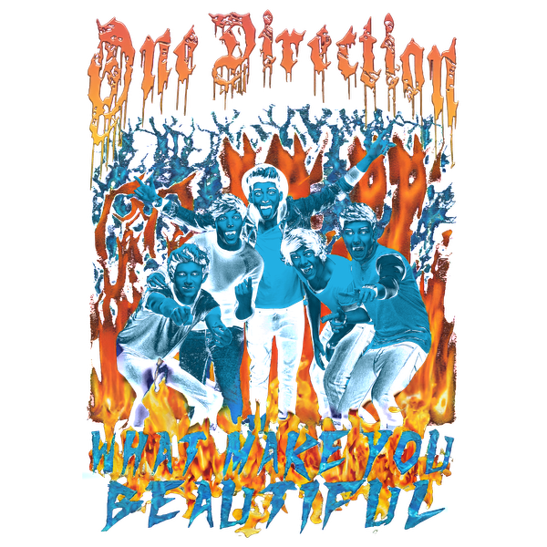 A vibrant illustration of One Direction surrounded by flames, showcasing their playful energy and featuring the song title "What Makes You Beautiful."DTF Transfers dtf prints