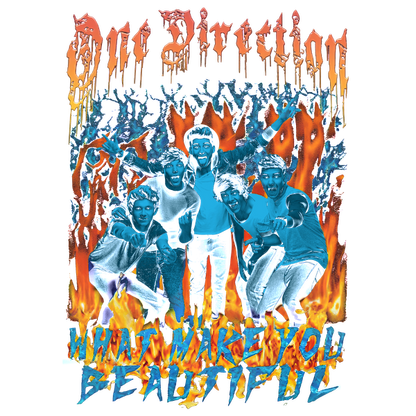 A vibrant illustration of One Direction surrounded by flames, showcasing their playful energy and featuring the song title "What Makes You Beautiful."DTF Transfers dtf prints