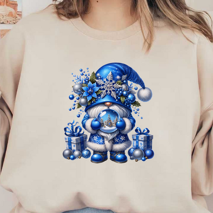 This charming winter gnome, dressed in a blue outfit embellished with snowflakes, holds a snow globe among festive gifts.DTF Transfers