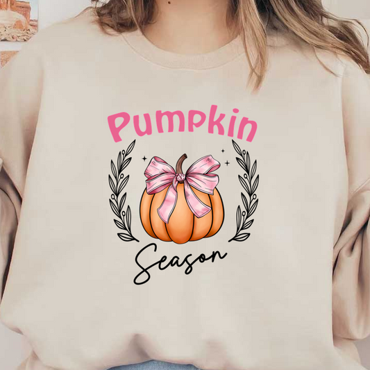 A cute illustration of a pumpkin adorned with a pink bow, topped with the word "Pumpkin" in pink letters. heat press transfers