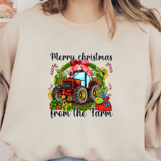 Festive farm-themed design featuring a red tractor adorned with a big bow, surrounded by holiday greenery, gifts, and candy canes.DTF Transfers heat press transfers heat press transfers