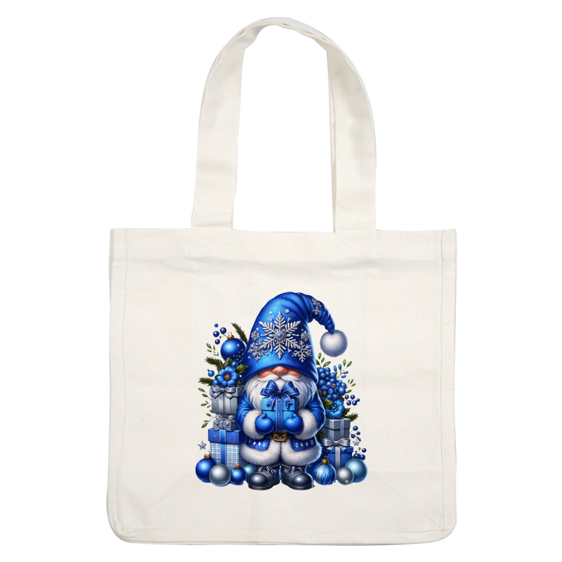 Cheerful blue Santa gnome wearing a snowflake hat holds a gift among festive decorations and presents in blue hues.DTF Transfers heat press transfers