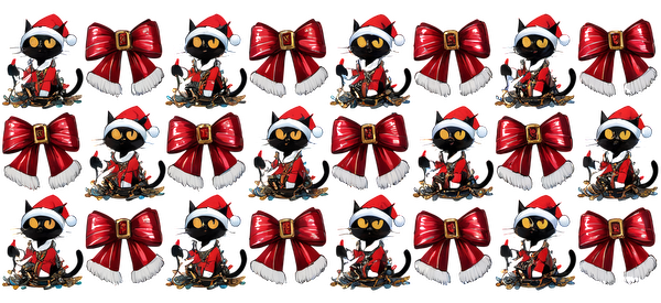 A cheerful festive scene featuring adorable characters in Santa hats, surrounded by vibrant red bows and holiday decorations.UV Transfers heat press transfers