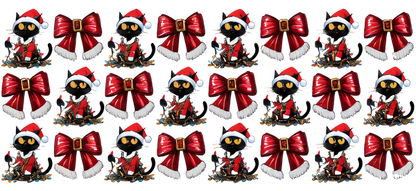 A cheerful festive scene featuring adorable characters in Santa hats, surrounded by vibrant red bows and holiday decorations.UV Transfers heat press transfers