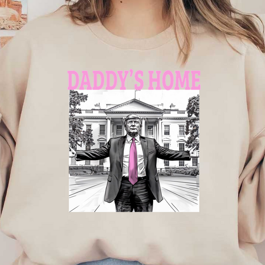 A stylized figure in a suit with a pink tie stands in front of the White House, exuding confidence and presence.DTF Transfersdtf regular irondtf regular iron