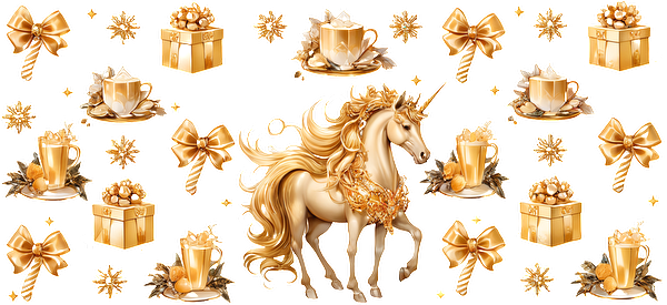 A whimsical scene featuring a golden unicorn surrounded by festive gifts, bows, and tea cups, all in warm, cheerful tones.UV Transfers heat press transfers