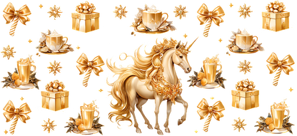 A whimsical scene featuring a golden unicorn surrounded by festive gifts, bows, and tea cups, all in warm, cheerful tones.UV Transfers heat press transfers