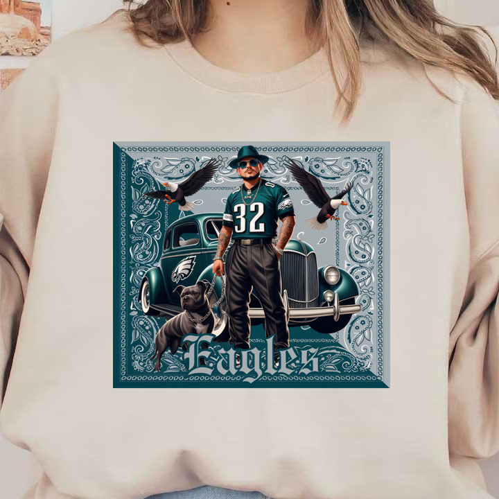 This vibrant illustration features a man in an Eagles jersey with a classic car, accompanied by a pit bull and flying birds.