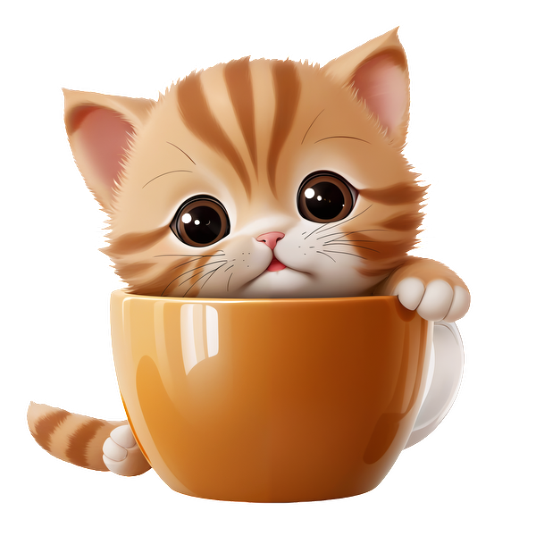 Un lindo gatito de dibujos animados se asoma desde una taza naranja, mostrando sus grandes ojos y su comportamiento juguetón.