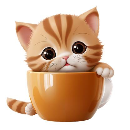 Un lindo gatito de dibujos animados se asoma desde una taza naranja, mostrando sus grandes ojos y su comportamiento juguetón.