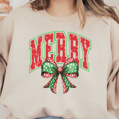 A festive design featuring the word "MERRY" in red with star patterns, topped with a green and red polka-dotted bow. heat press transfers