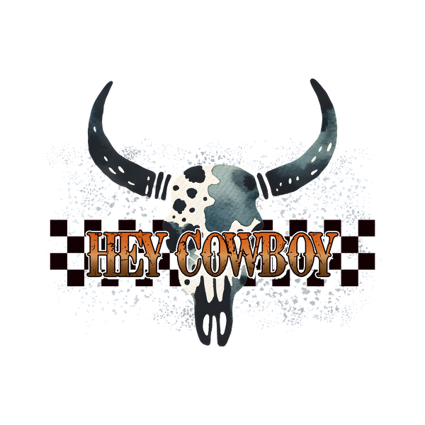 Un gráfico elegante que presenta una calavera pintada con cuernos y el texto "Hey Cowboy" en letras rústicas y llamativas.