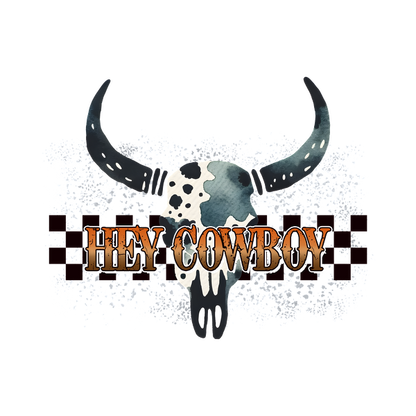 Un gráfico elegante que presenta una calavera pintada con cuernos y el texto "Hey Cowboy" en letras rústicas y llamativas.