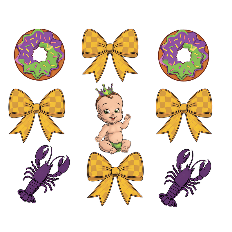 A whimsical collage featuring cartoon-style elements: a crowned baby, colorful donuts, vibrant bows, and playful lobsters, all on a black background.DTF Transfers