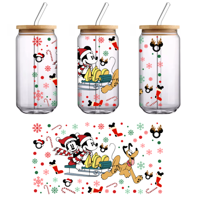 Mickey and Minnie Mouse, dressed in festive Santa hats, joyfully ride a sleigh alongside Pluto amidst a cheerful holiday backdrop.UV Transfers dtf transfers