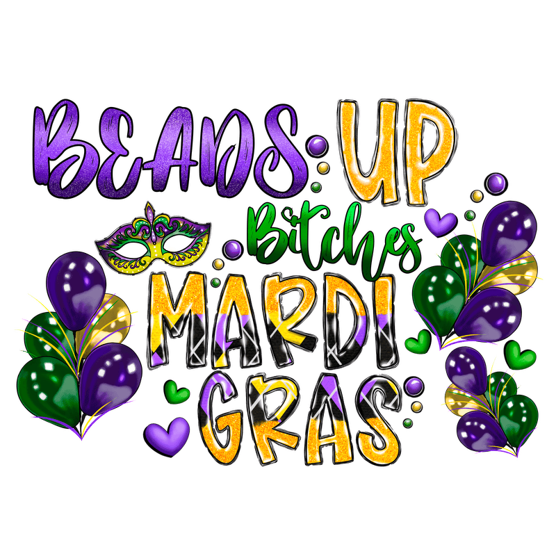 Celebrate Mardi Gras with this vibrant design featuring festive text, colorful balloons, and a decorative mask!DTF Transfers