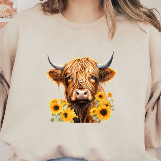 Una encantadora vaca de las Highlands con pelo largo, rodeada de girasoles vibrantes, irradia una atmósfera cálida y alegre.