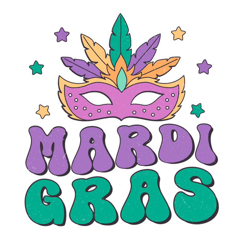 Celebrate Mardi Gras with this colorful design featuring a vibrant mask and playful typography in purple and green tones!DTF Transfers