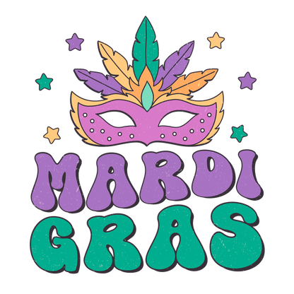 Celebrate Mardi Gras with this colorful design featuring a vibrant mask and playful typography in purple and green tones!DTF Transfers