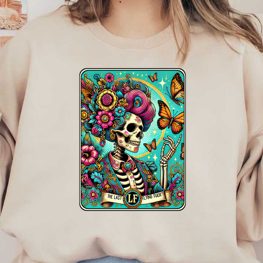 This vibrant art print features a colorful skeleton adorned with flowers and butterflies, showcasing a playful and whimsical design.