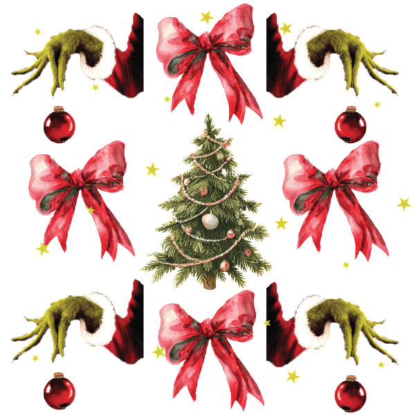 A festive pattern featuring a decorated Christmas tree, vibrant red bows, ornaments, and whimsical green hands in Santa sleeves. dtf transfers