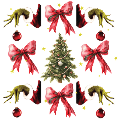 A festive pattern featuring a decorated Christmas tree, vibrant red bows, ornaments, and whimsical green hands in Santa sleeves. dtf transfers