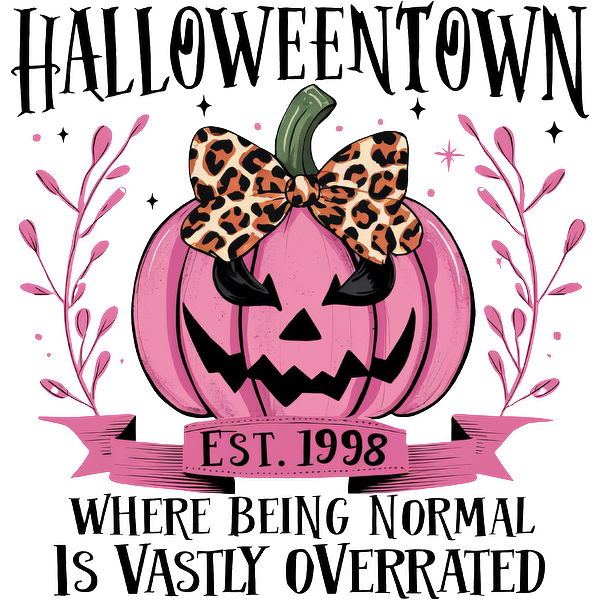 A playful design featuring a pink pumpkin with a leopard print bow, celebrating Halloween and nonconformity since 1998. dtf prints