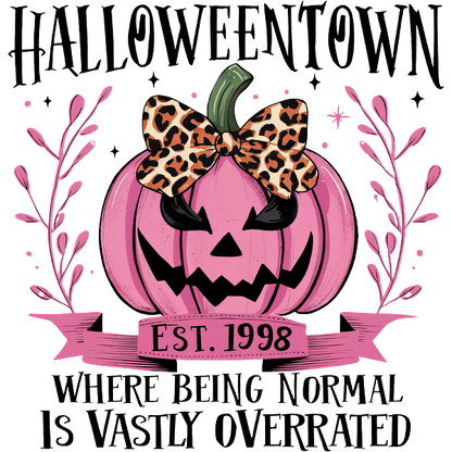 A playful design featuring a pink pumpkin with a leopard print bow, celebrating Halloween and nonconformity since 1998. dtf prints