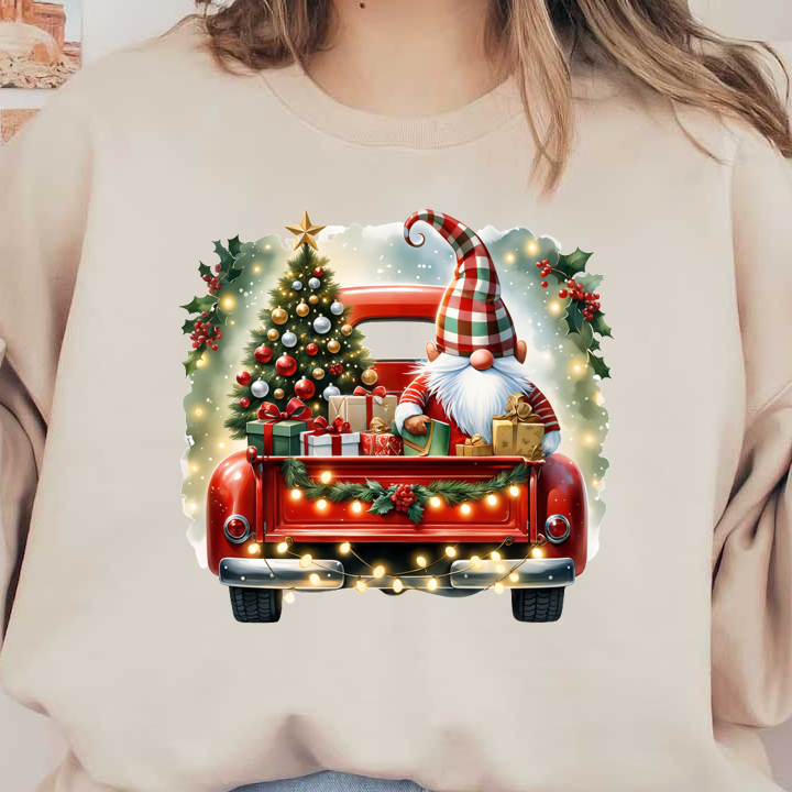 A cheerful Santa in a striped hat is surrounded by gifts and a Christmas tree in the back of a red truck, adorned with lights.DTF Transfers dtf transfers