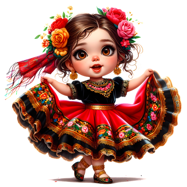 Una encantadora joven con un vibrante vestido tradicional, adornado con detalles florales y una expresión alegre, lista para bailar.