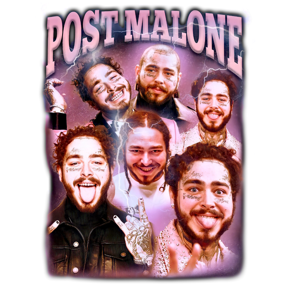 A vibrant graphic featuring multiple fun expressions of Post Malone with colorful effects and bold lettering.DTF Transfers heat press transfers