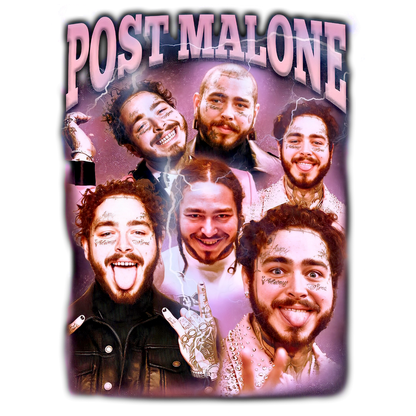 A vibrant graphic featuring multiple fun expressions of Post Malone with colorful effects and bold lettering.DTF Transfers heat press transfers