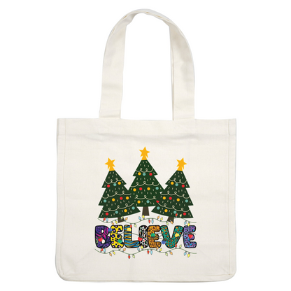 Celebrate the holiday spirit with vibrant Christmas trees and colorful "BELIEVE" lettering, adorned with festive lights and patterns. heat press transfers