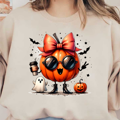 Un alegre y elegante personaje de calabaza con gafas de sol y un lazo rosa, sosteniendo una taza de café, acompañado de un fantasma amigable y otra calabaza.