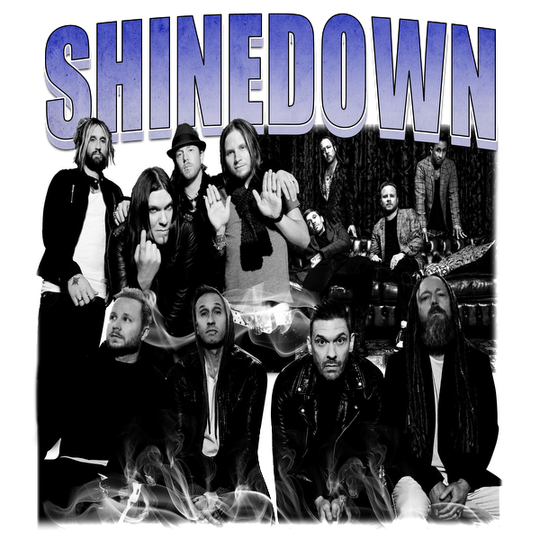 A stylish black and white image featuring the rock band Shinedown, showcasing their members in a dramatic and artistic pose.DTF Transfers heat press transfers