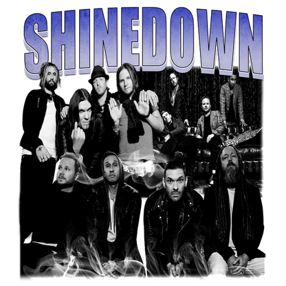 A stylish black and white image featuring the rock band Shinedown, showcasing their members in a dramatic and artistic pose.DTF Transfers heat press transfers