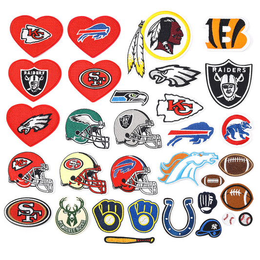 A colorful collection of sports patches featuring team logos, helmets, and symbols from various football and baseball teams.Patches heat press transfers heat press transfers