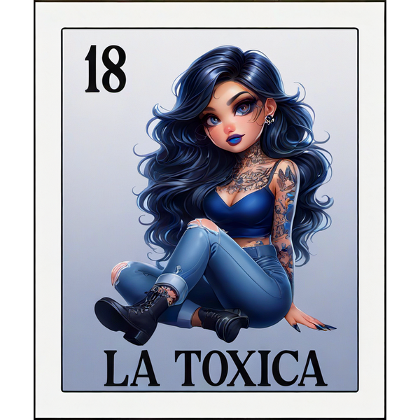 Un personaje animado y elegante, con cabello largo y negro, tatuajes y un atuendo moderno llamado "LA TOXICA", que irradia confianza.