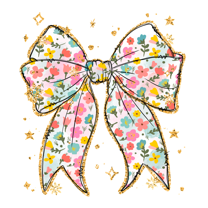 A whimsical floral bow featuring vibrant colors and delicate patterns, embellished with sparkling accents for a cheerful touch.DTF Transfers dtf prints