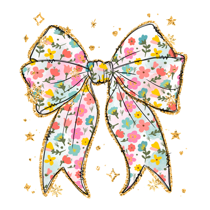 A whimsical floral bow featuring vibrant colors and delicate patterns, embellished with sparkling accents for a cheerful touch.DTF Transfers dtf prints